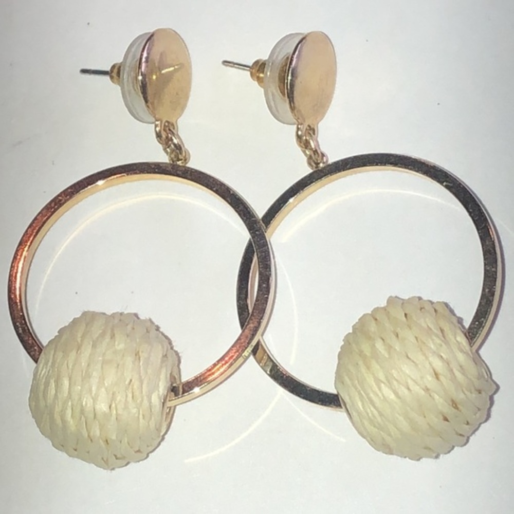 Elegant Gold Tone and Cream Woven Ball Hoop Earrings